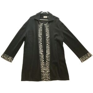 Neiman Marcus Cardigan Sweater Women XL Black Cashmere Zebra Trim Open Collared